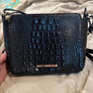 Brahmin Black Croc-Embossed Compact Crossbody with Gold Hardware
